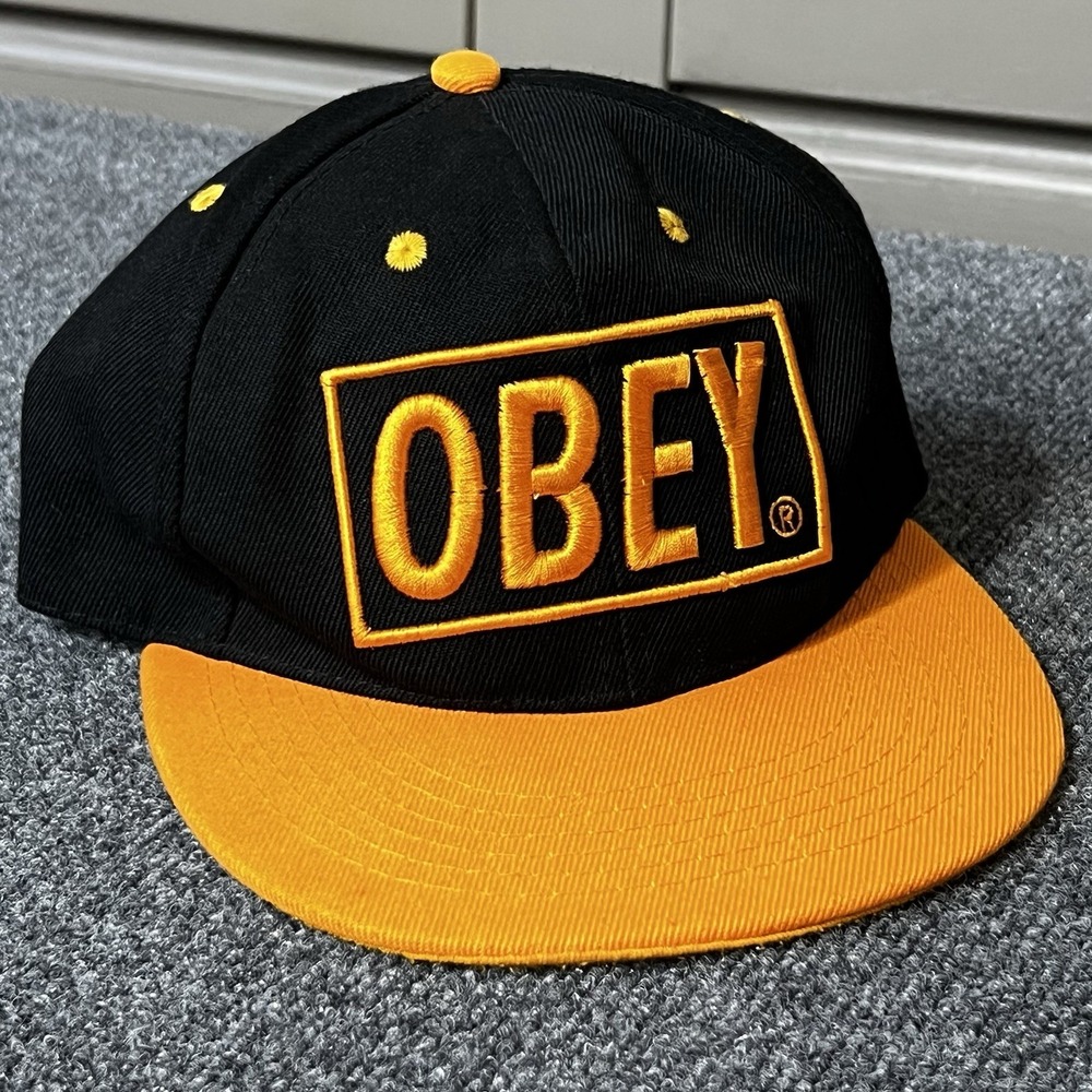 Vintage Obey Skateboarding Snapback Hat Black Yellow Orange One Size